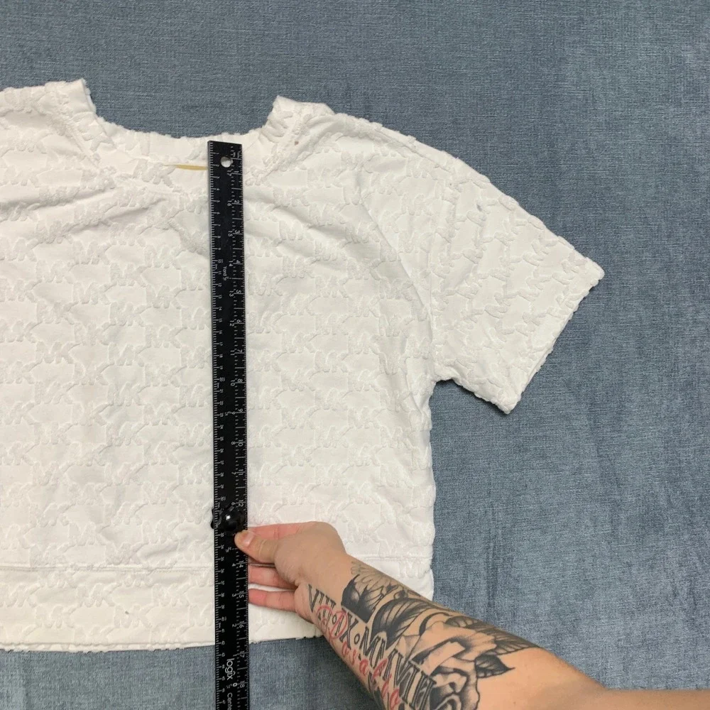 Michael Kors Cropped Top Womens XS White All Over Textured MK Logo Everyday Wear
